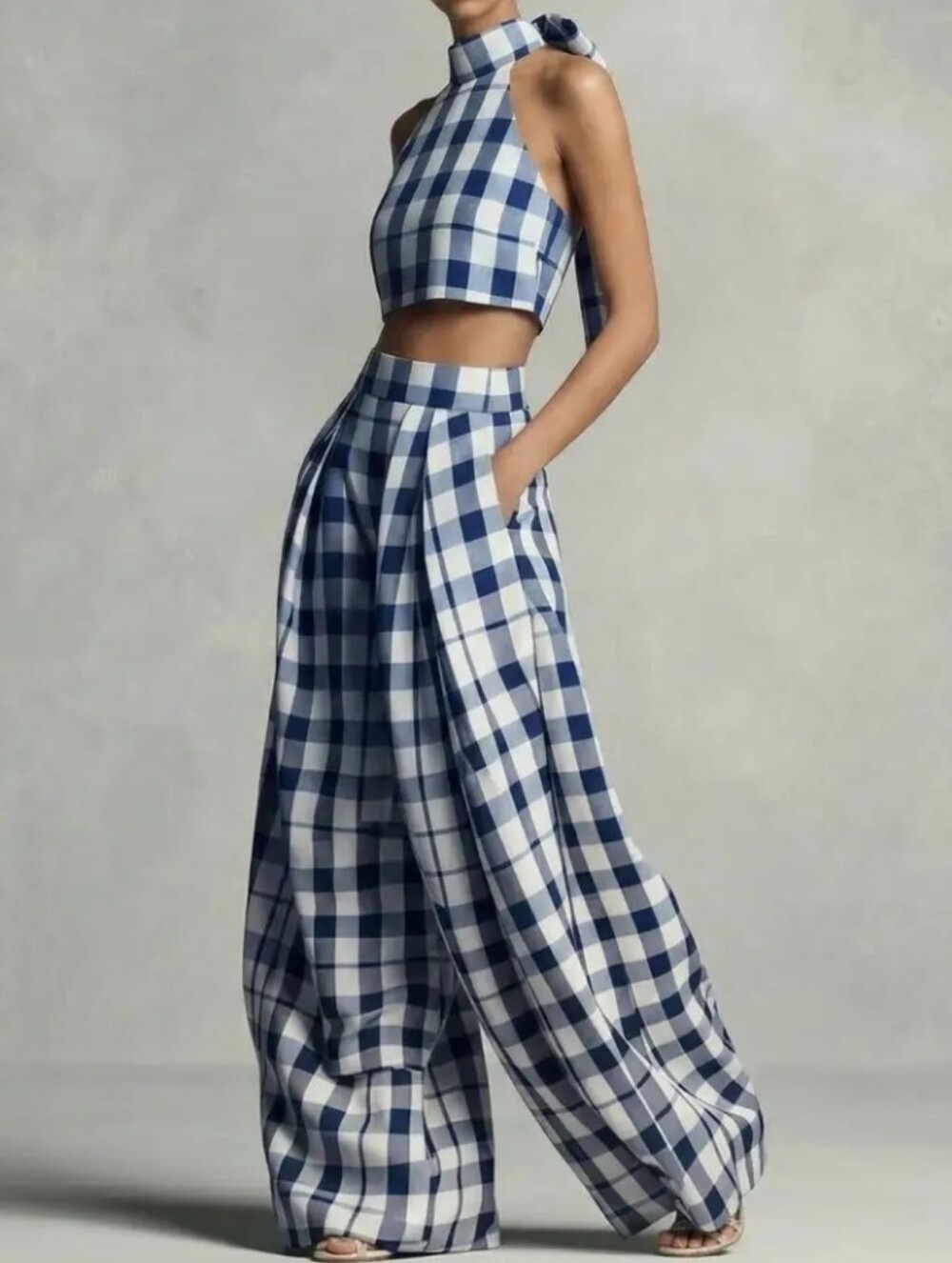 Blue-White Plaid Halter Crop Top And Wide-Leg Lantern Pants Set | Retro Elegant - Picture 3 of 3